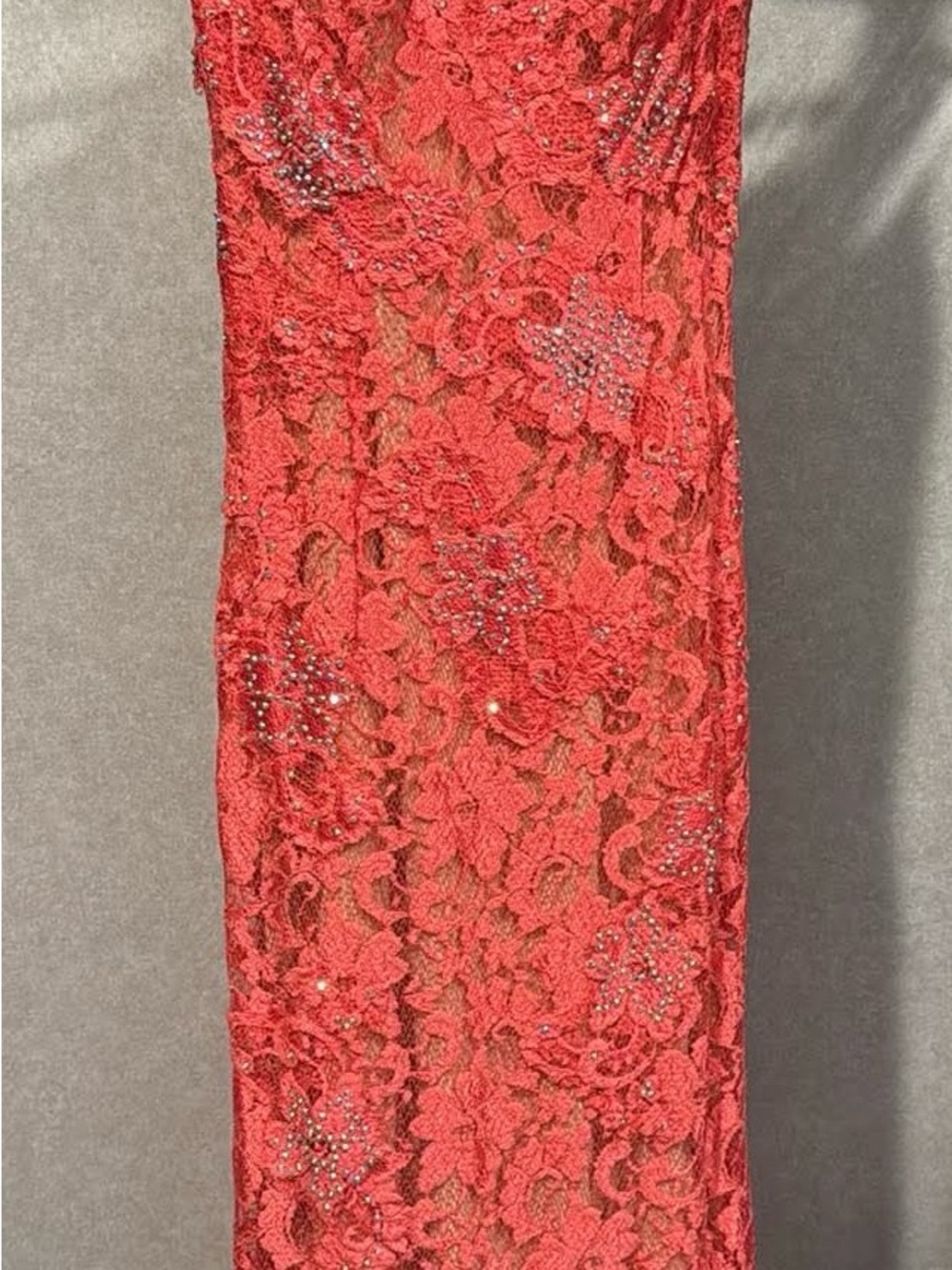 Jovani Coral-Red Lace Sequin Prom Gown